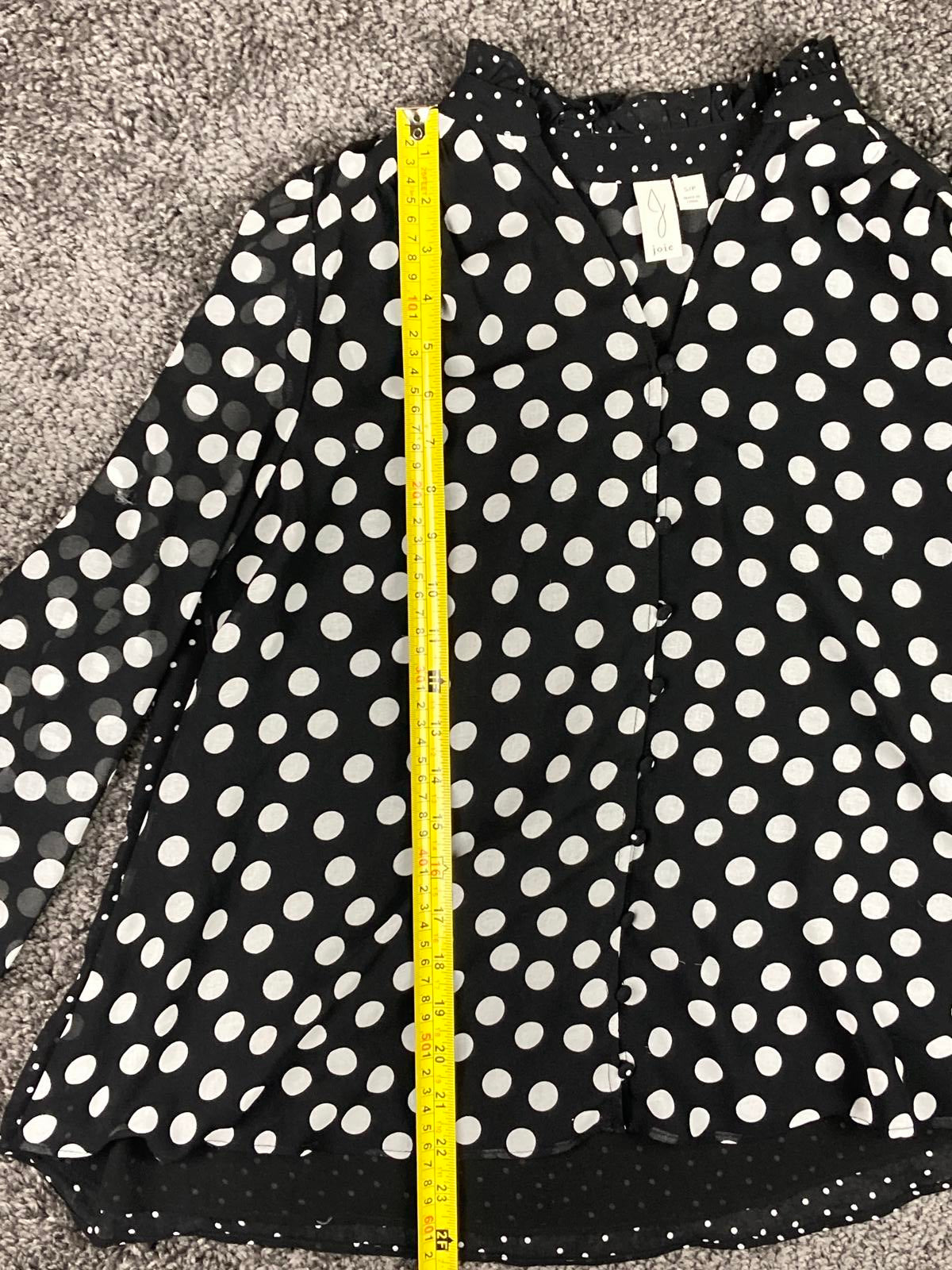 Joie Black White Polka Dot Sheer Blouse Ruffle Neck Button Front Long Sleeve S/P