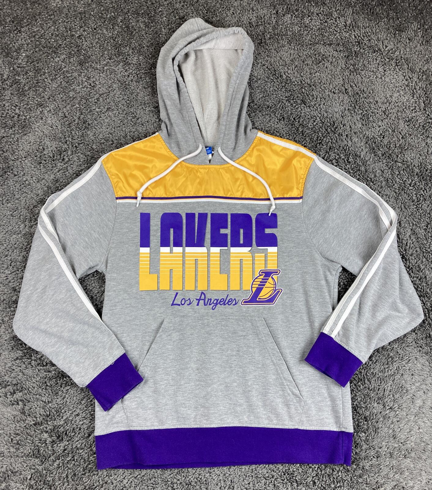 adidas LA Lakers Hoodie Mens Gray Purple Yellow Pullover 3 Stripe Trefoil NBA Lg