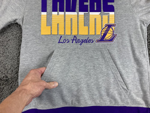 adidas LA Lakers Hoodie Mens Gray Purple Yellow Pullover 3 Stripe Trefoil NBA Lg