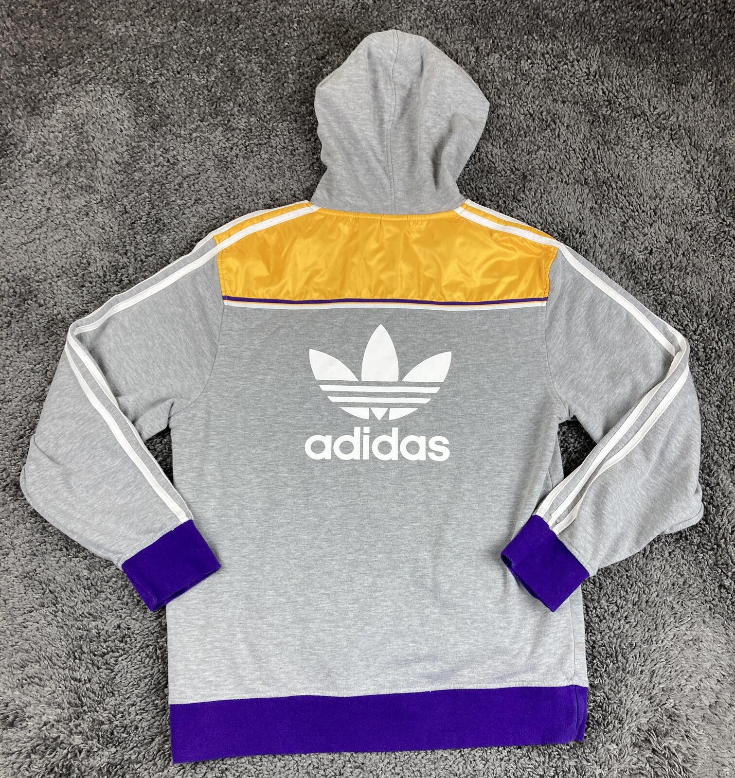 adidas LA Lakers Hoodie Mens Gray Purple Yellow Pullover 3 Stripe Trefoil NBA Lg