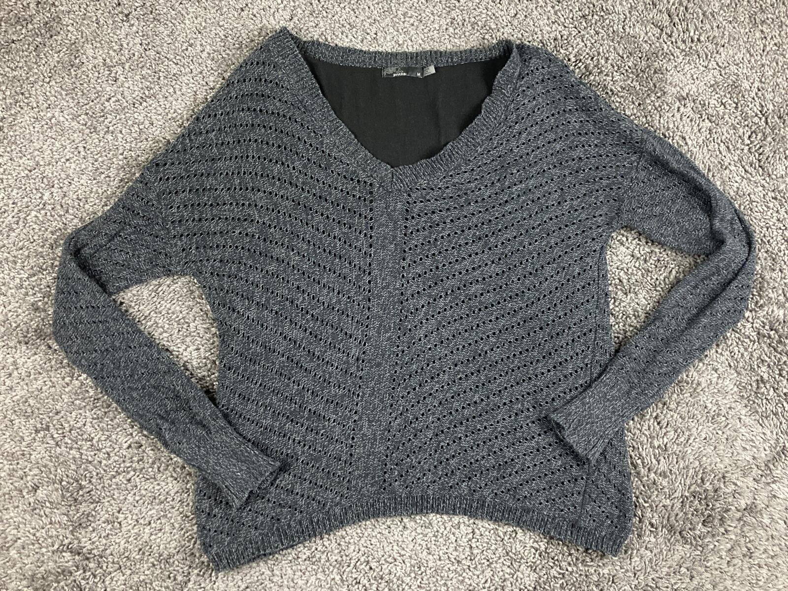 prAna Ellery Pointelle Knit Ruffle Hem Sweater Mosaic Grey V-Neck Top Womens M