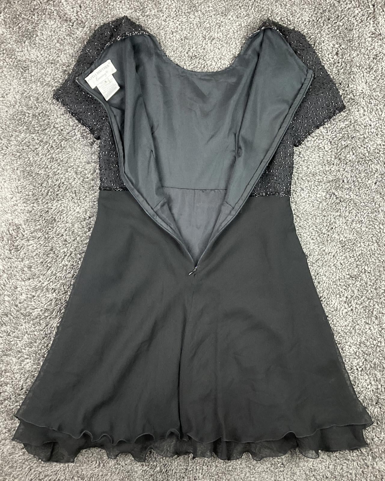 Papell Boutique Evening 100% Silk Beaded Bodice Black Fit Flare Dress Lined Sz 6