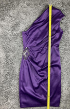 Eliza J Purple Satin One Shoulder Jeweled Brooch Cocktail Dress Lined Size 8
