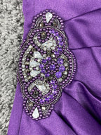 Eliza J Purple Satin One Shoulder Jeweled Brooch Cocktail Dress Lined Size 8