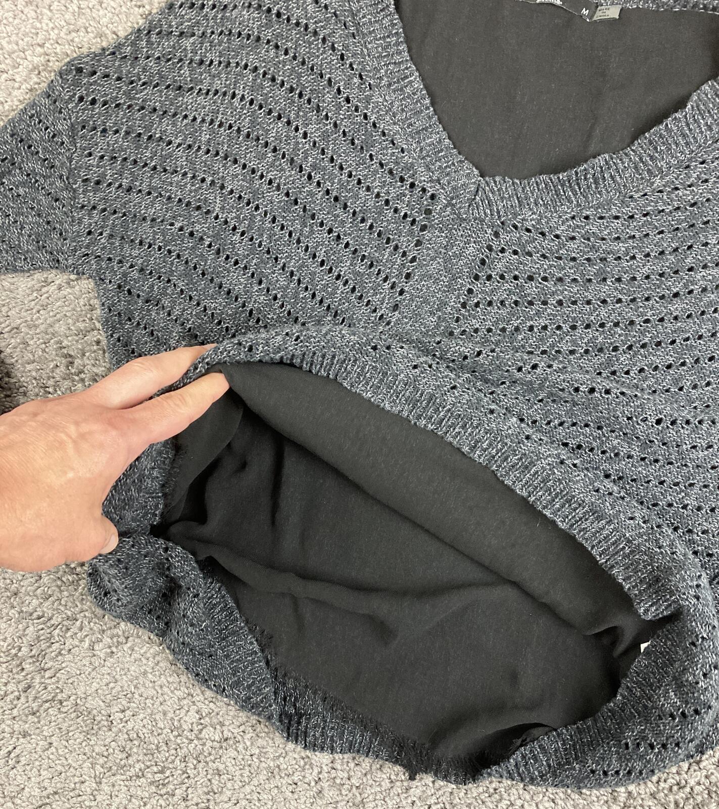 prAna Ellery Pointelle Knit Ruffle Hem Sweater Mosaic Grey V-Neck Top Womens M