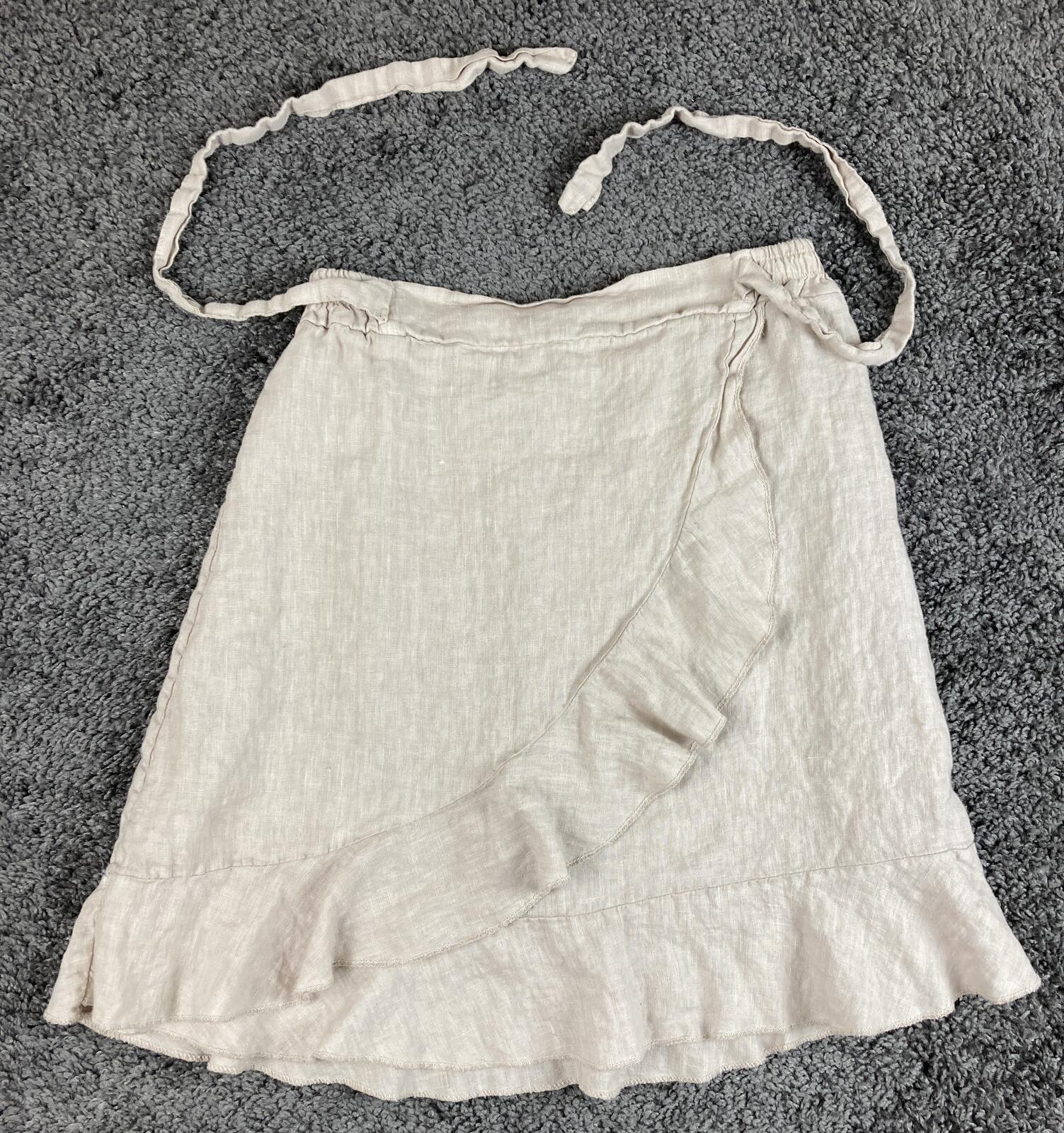 Lino Made In Italy 100% Linen Ruffle Wrap Skirt Beige Neutral Cottage Size L XL