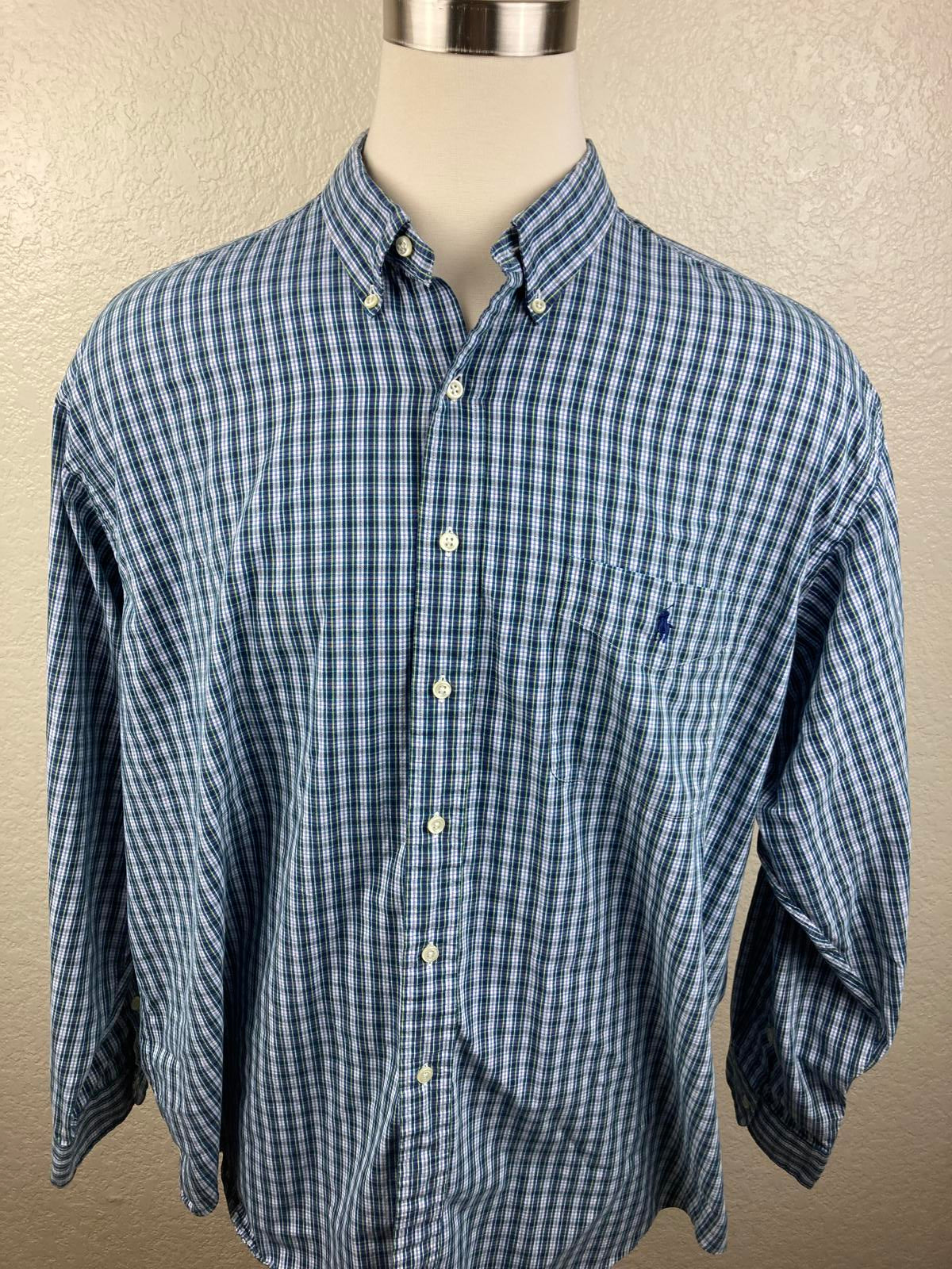 Ralph Lauren Big Shirt Sz XXL Green Blue Plaid Long Sleeve 100% Cotton
