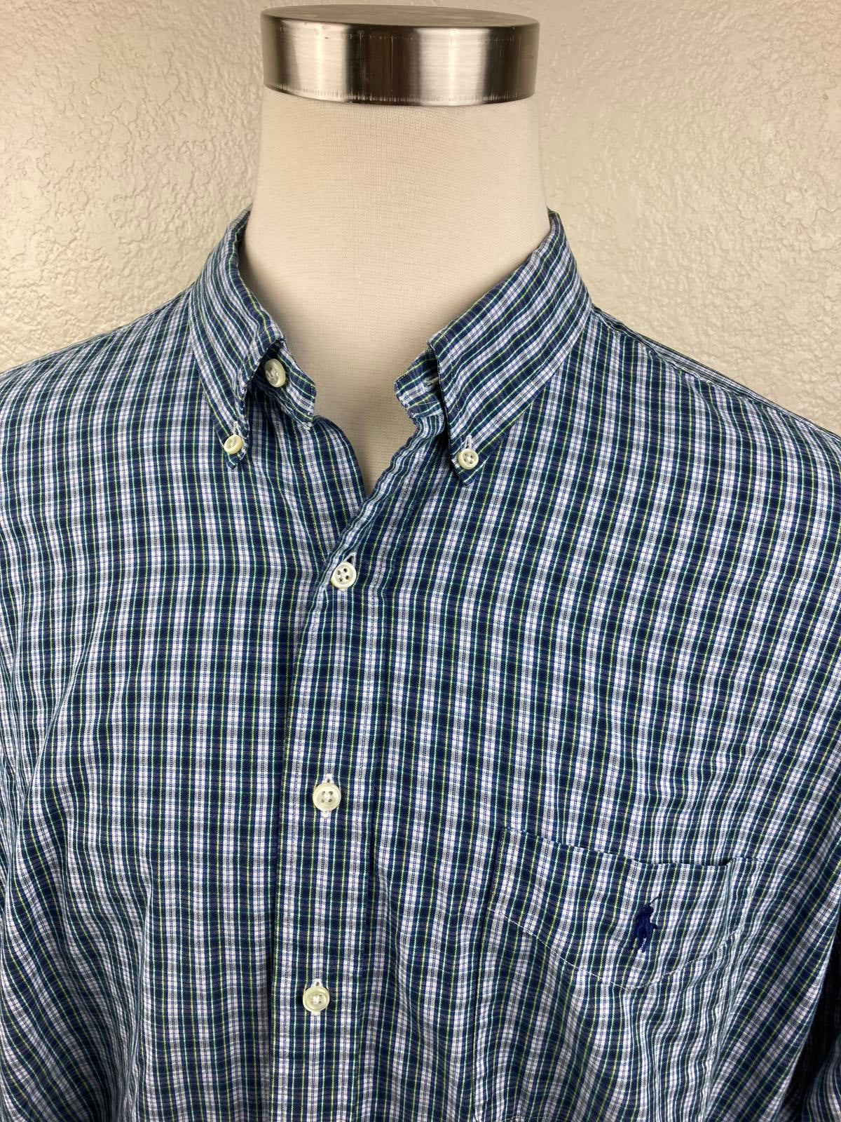 Ralph Lauren Big Shirt Sz XXL Green Blue Plaid Long Sleeve 100% Cotton