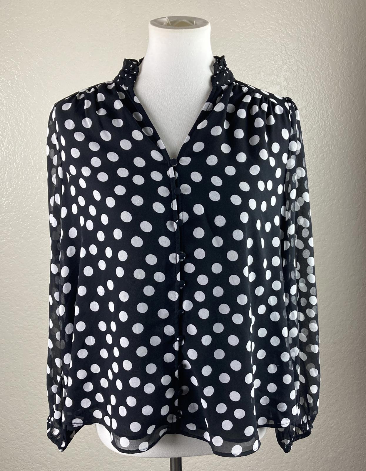 Joie Black White Polka Dot Sheer Blouse Ruffle Neck Button Front Long Sleeve S/P