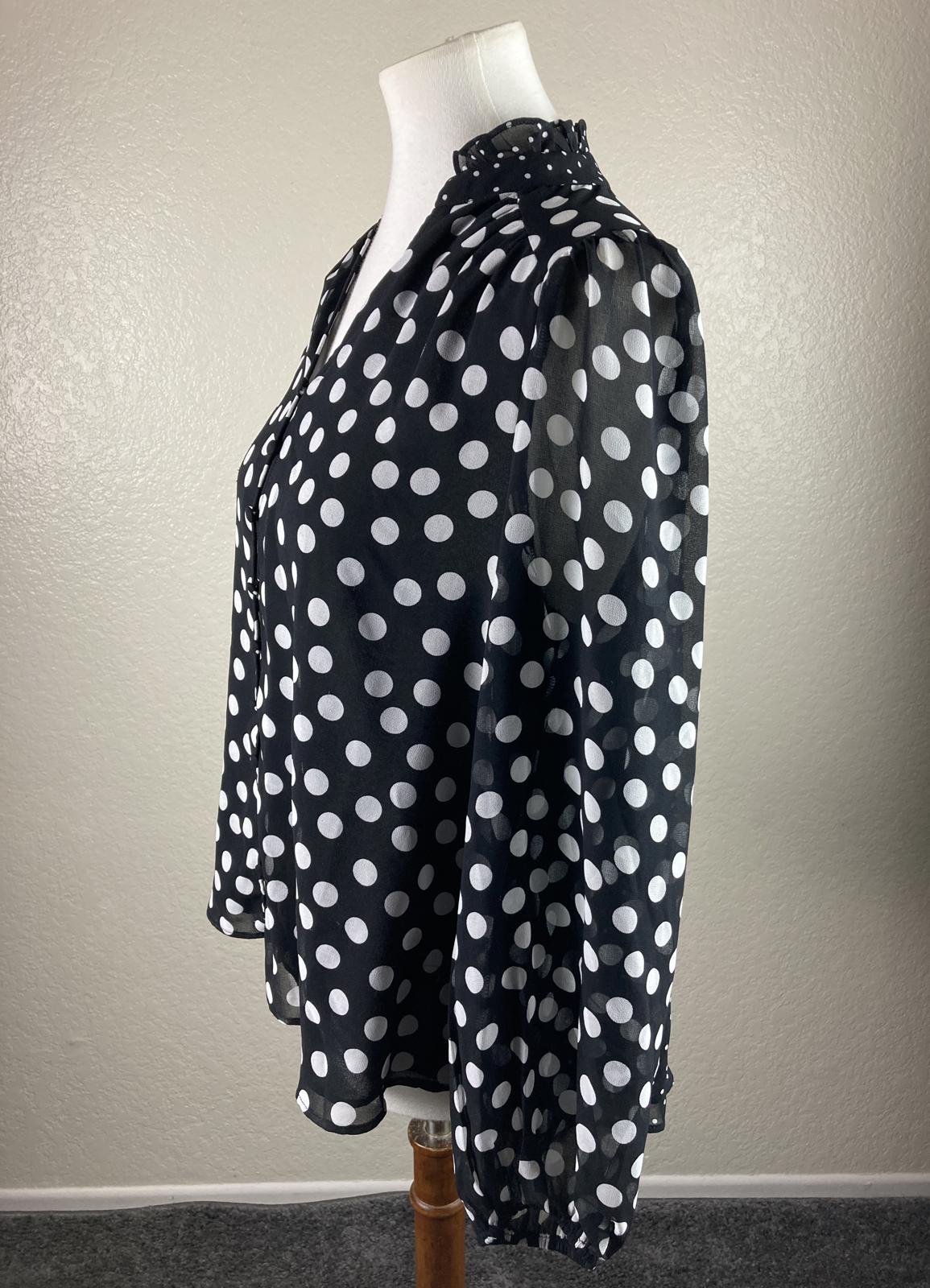 Joie Black White Polka Dot Sheer Blouse Ruffle Neck Button Front Long Sleeve S/P