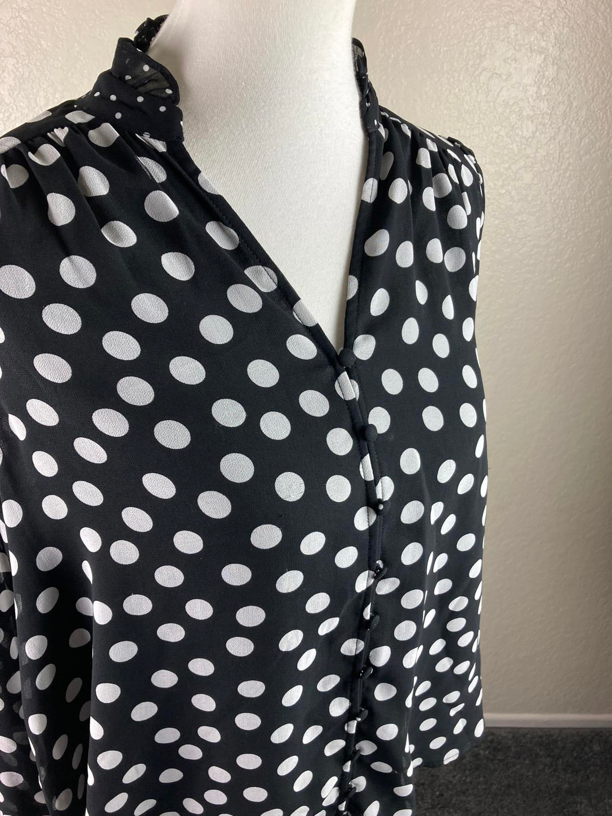 Joie Black White Polka Dot Sheer Blouse Ruffle Neck Button Front Long Sleeve S/P