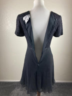 Papell Boutique Evening 100% Silk Beaded Bodice Black Fit Flare Dress Lined Sz 6