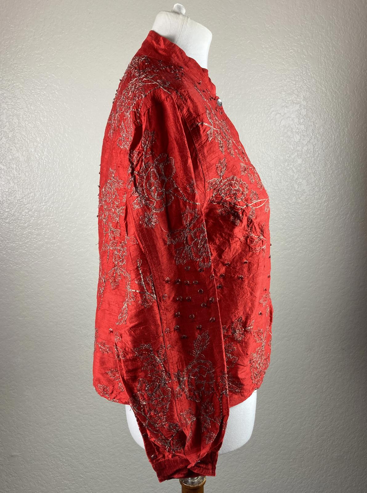 Chico's Design Red 100% Silk Embroidered Mandarin Collar Button Up Sz 0