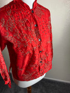 Chico's Design Red 100% Silk Embroidered Mandarin Collar Button Up Sz 0