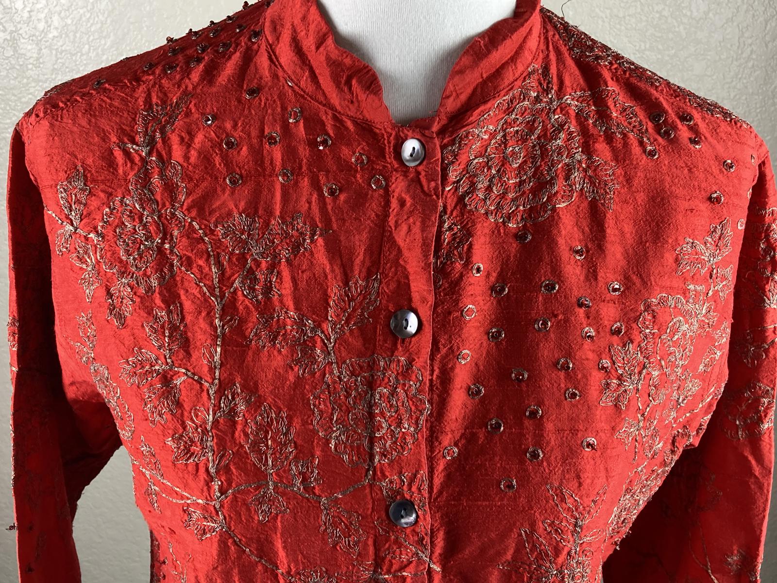 Chico's Design Red 100% Silk Embroidered Mandarin Collar Button Up Sz 0