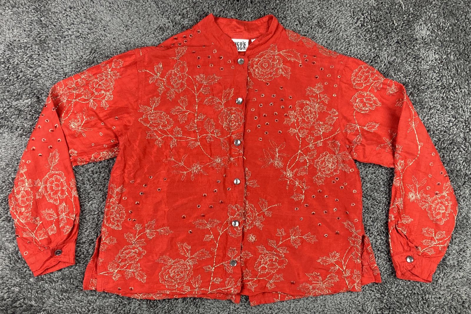 Chico's Design Red 100% Silk Embroidered Mandarin Collar Button Up Sz 0