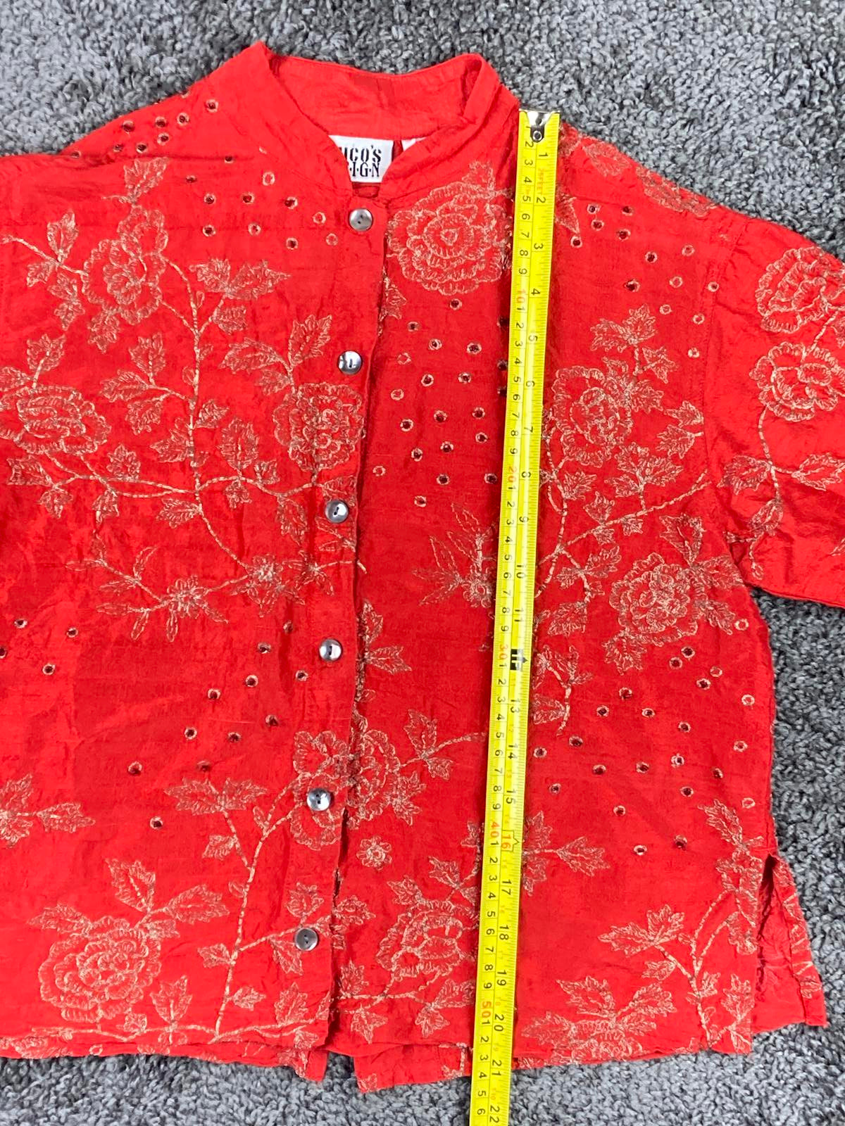 Chico's Design Red 100% Silk Embroidered Mandarin Collar Button Up Sz 0