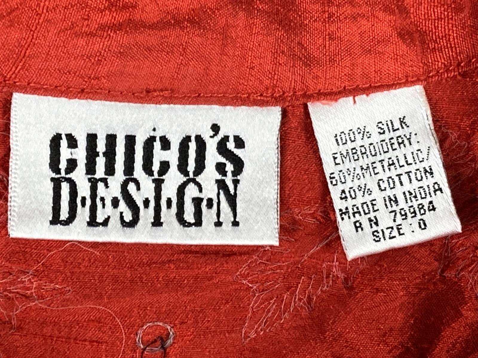 Chico's Design Red 100% Silk Embroidered Mandarin Collar Button Up Sz 0