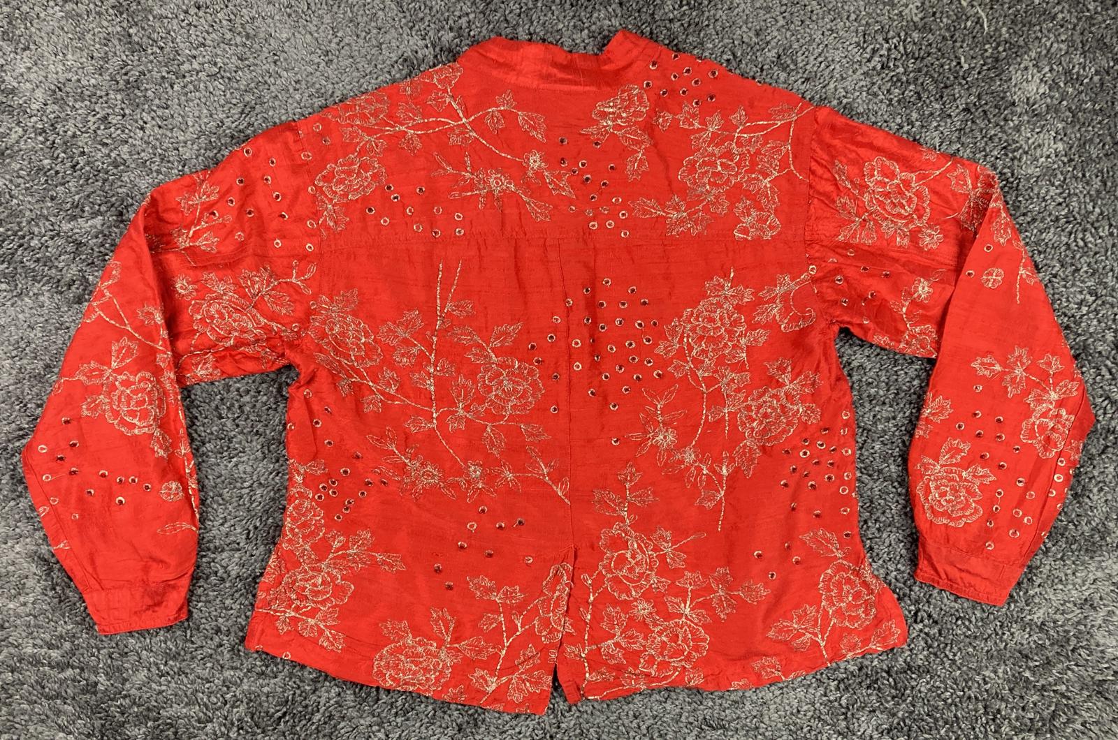 Chico's Design Red 100% Silk Embroidered Mandarin Collar Button Up Sz 0