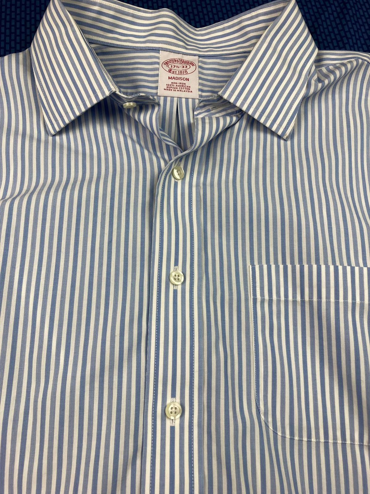 Brooks Brothers Madison Supima Cotton Mens Dress Shirt 17.5-33 Blue White Stripe