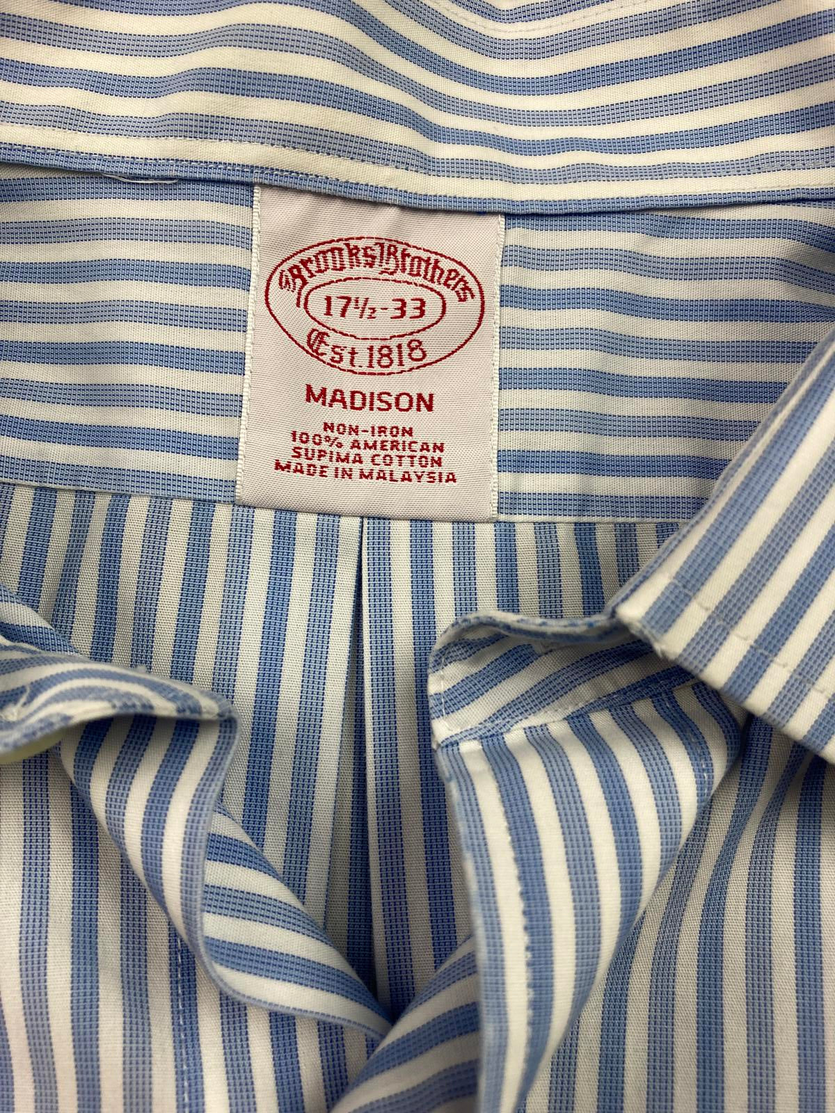 Brooks Brothers Madison Supima Cotton Mens Dress Shirt 17.5-33 Blue White Stripe