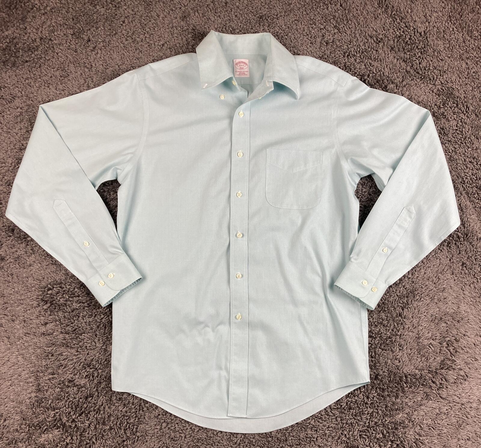 Brooks Brothers 346 Dress Shirt Mens Aqua Blue Micro Check No Iron Cotton Sz 15