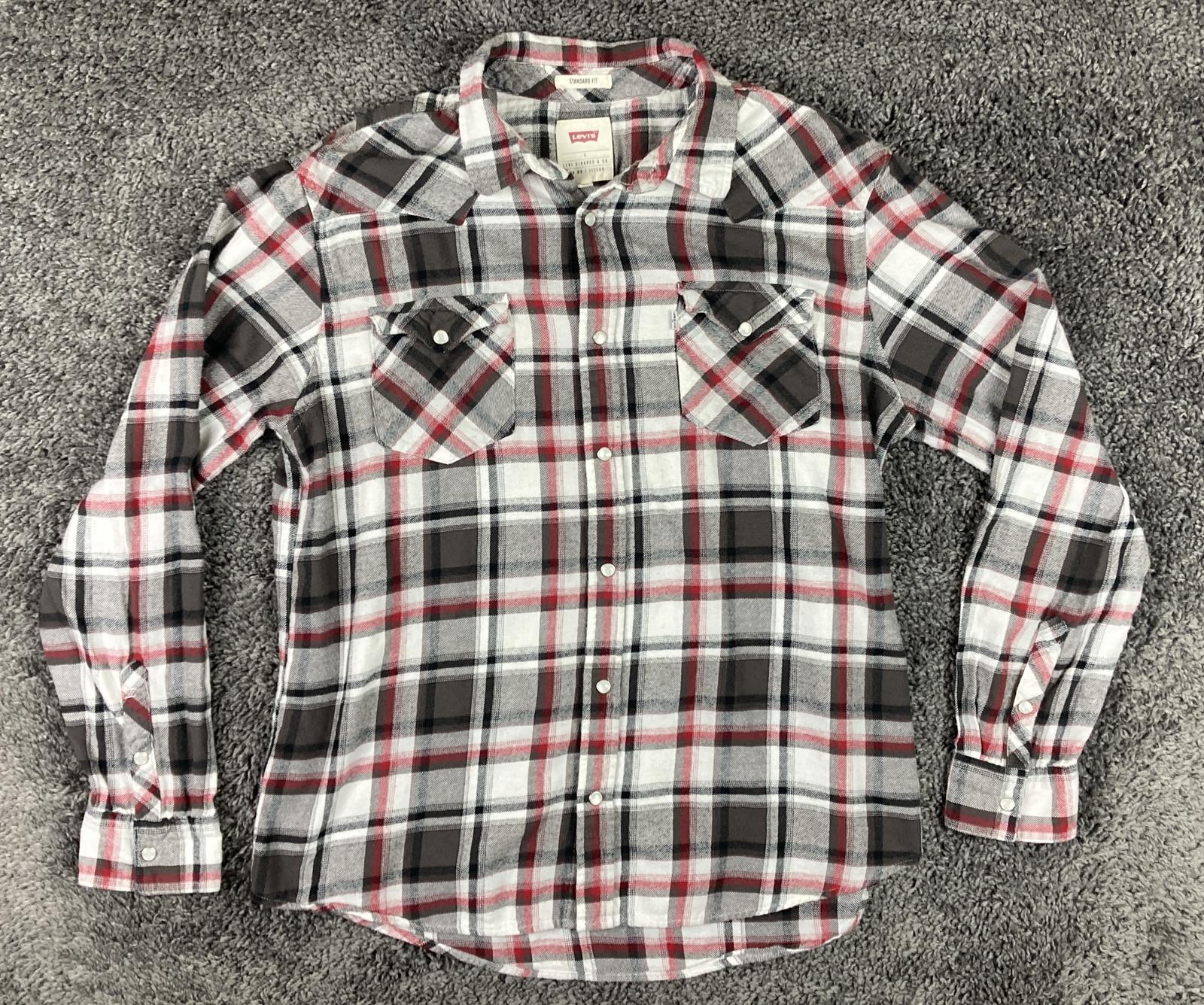 Levi’s Men’s Shirt Standard Fit  Red Black White Plaid Pearl Snap Western Sz L