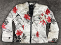 MSK Petite Satin Floral Jacket White Red Black Zip Front Lined Long Sleeve Sz PM