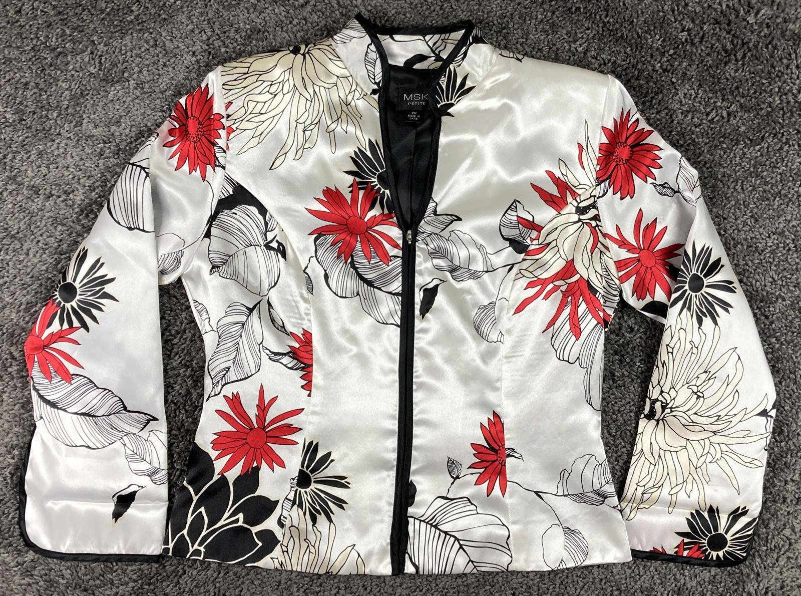 MSK Petite Satin Floral Jacket White Red Black Zip Front Lined Long Sleeve Sz PM