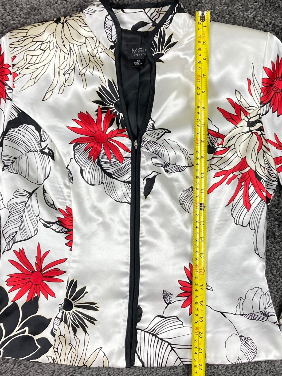 MSK Petite Satin Floral Jacket White Red Black Zip Front Lined Long Sleeve Sz PM