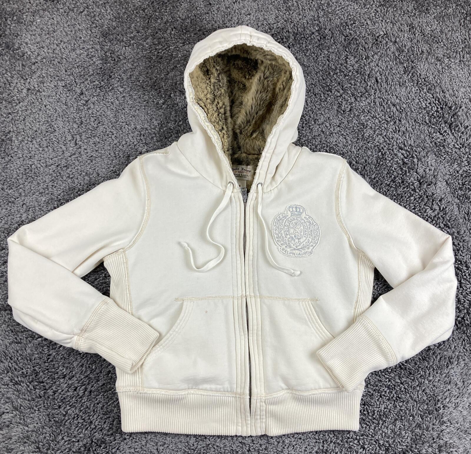 Vintage Polo Jeans Ralph Lauren Hoodie Jacket Women’s Cream Faux Fur Lined Sz L