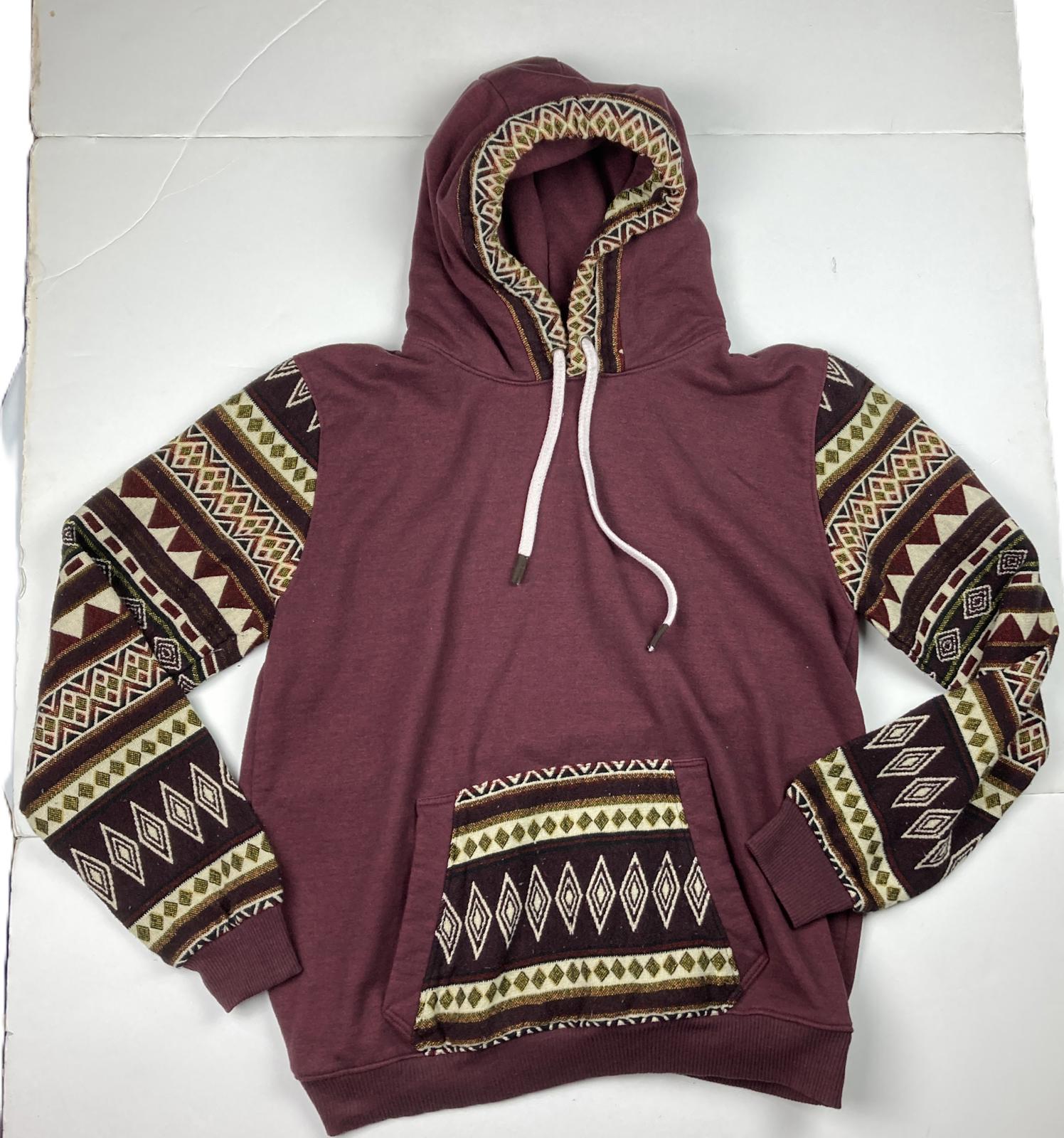 Native Sun Men’s Hoodie Size Large Maroon Aztec Knit Sleeve Pullover Ecuador
