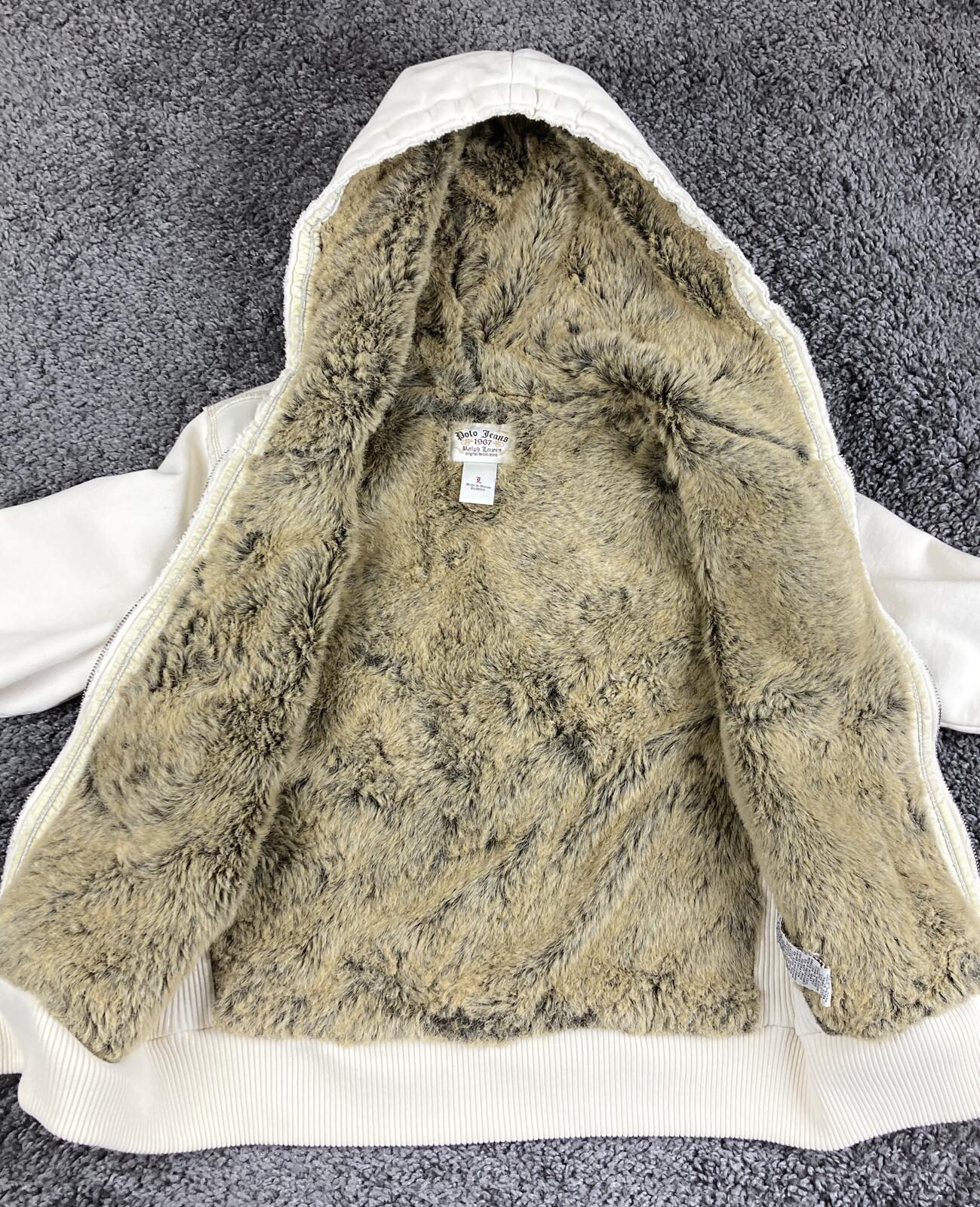 Vintage Polo Jeans Ralph Lauren Hoodie Jacket Women’s Cream Faux Fur Lined Sz L