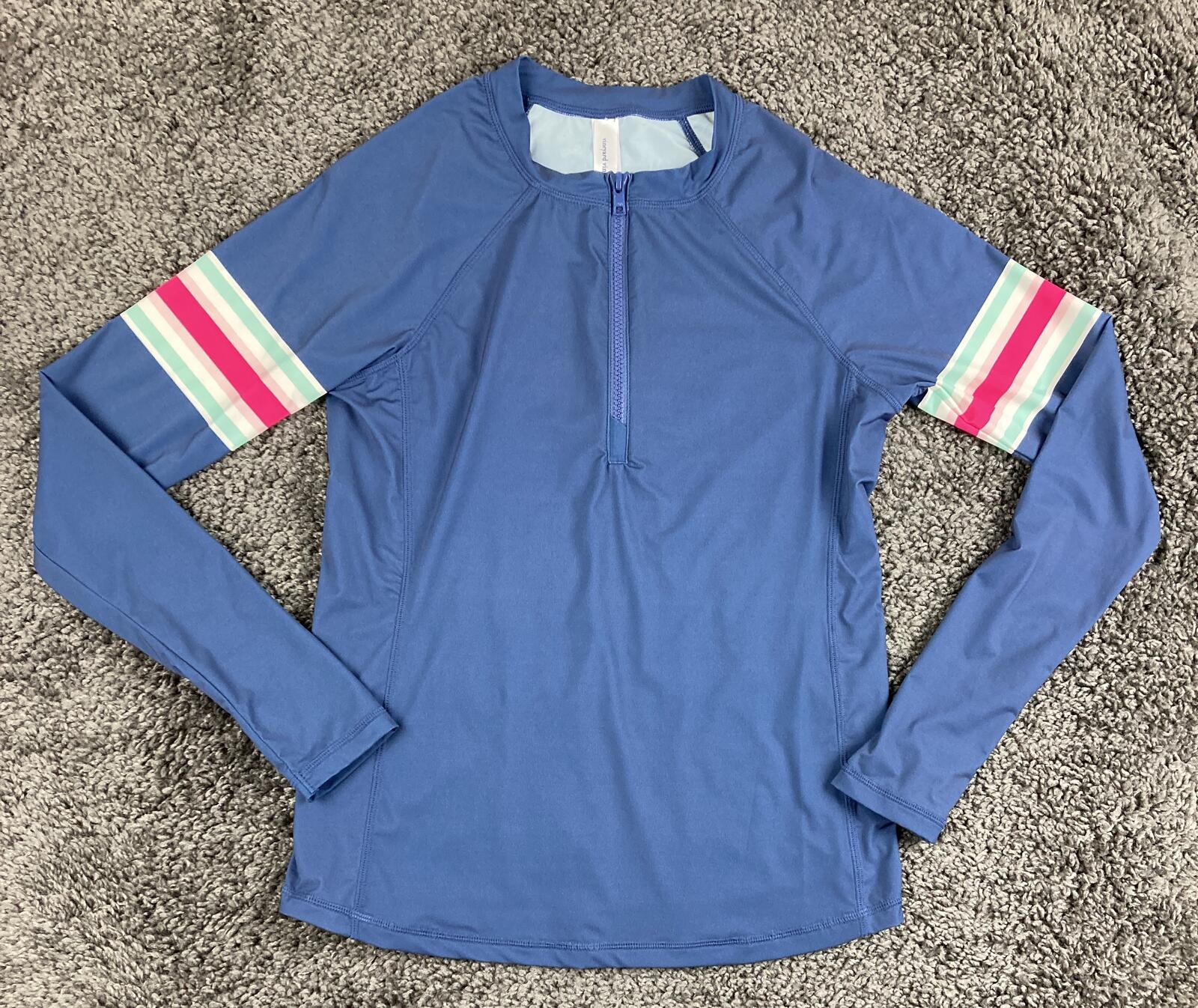 Vineyard Vines Womens Rash Guard Blue Vacation Stripe Long Sleeve Swim Top Sz S