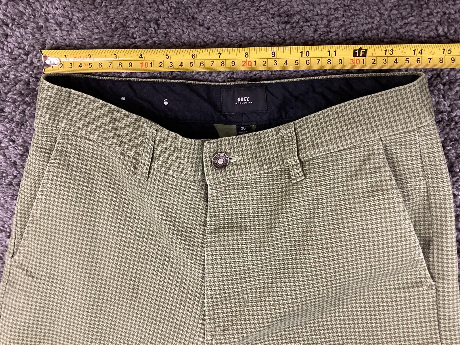 OBEY Straggler Houndstooth Flooded Pants Men Olive Green Stretch Chino Crop 30