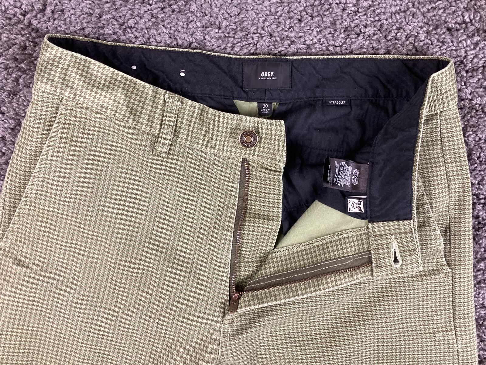 OBEY Straggler Houndstooth Flooded Pants Men Olive Green Stretch Chino Crop 30