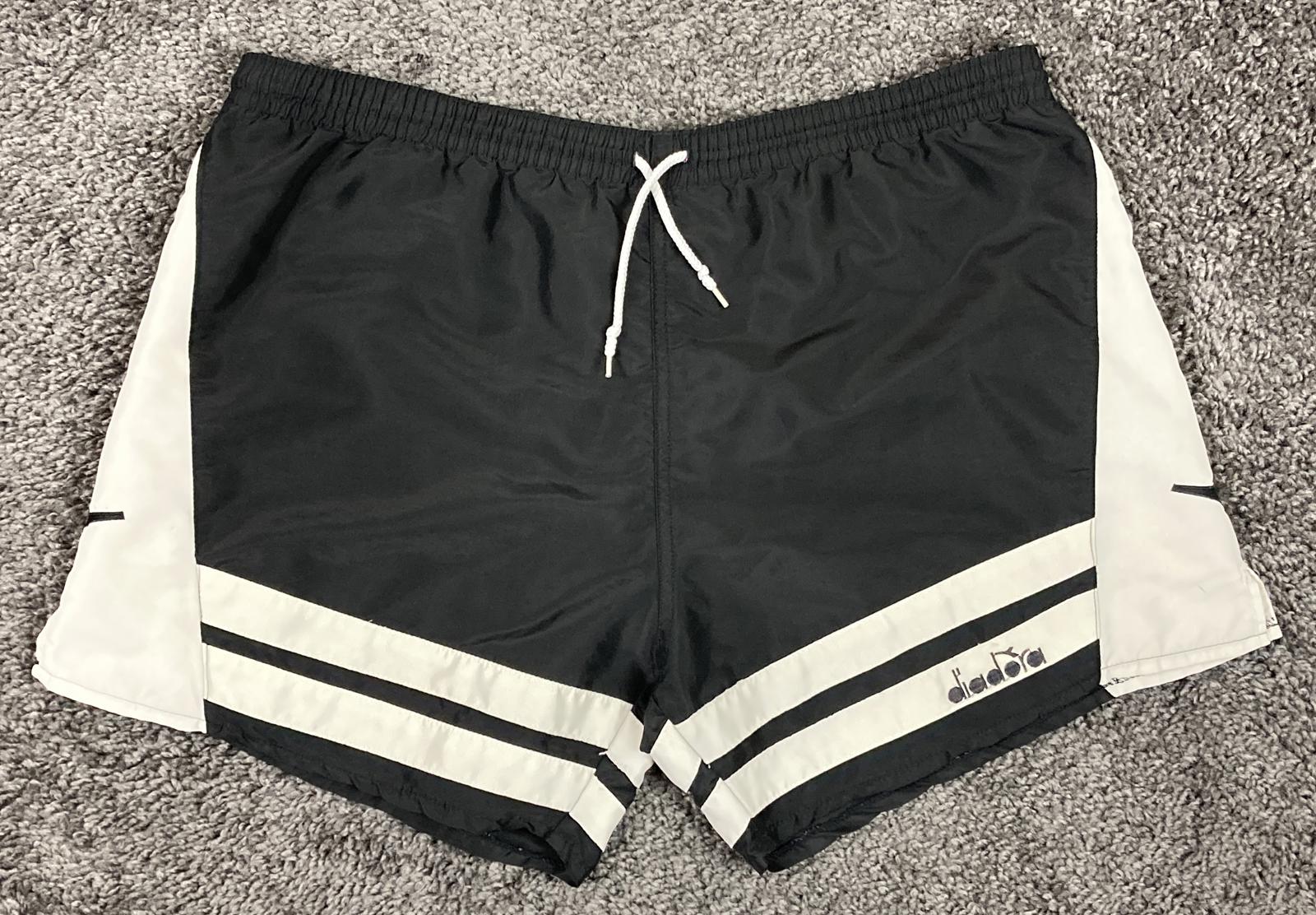 Vintage Diadora Black White Nylon Soccer Training Shorts Men's Drawstring Sz M