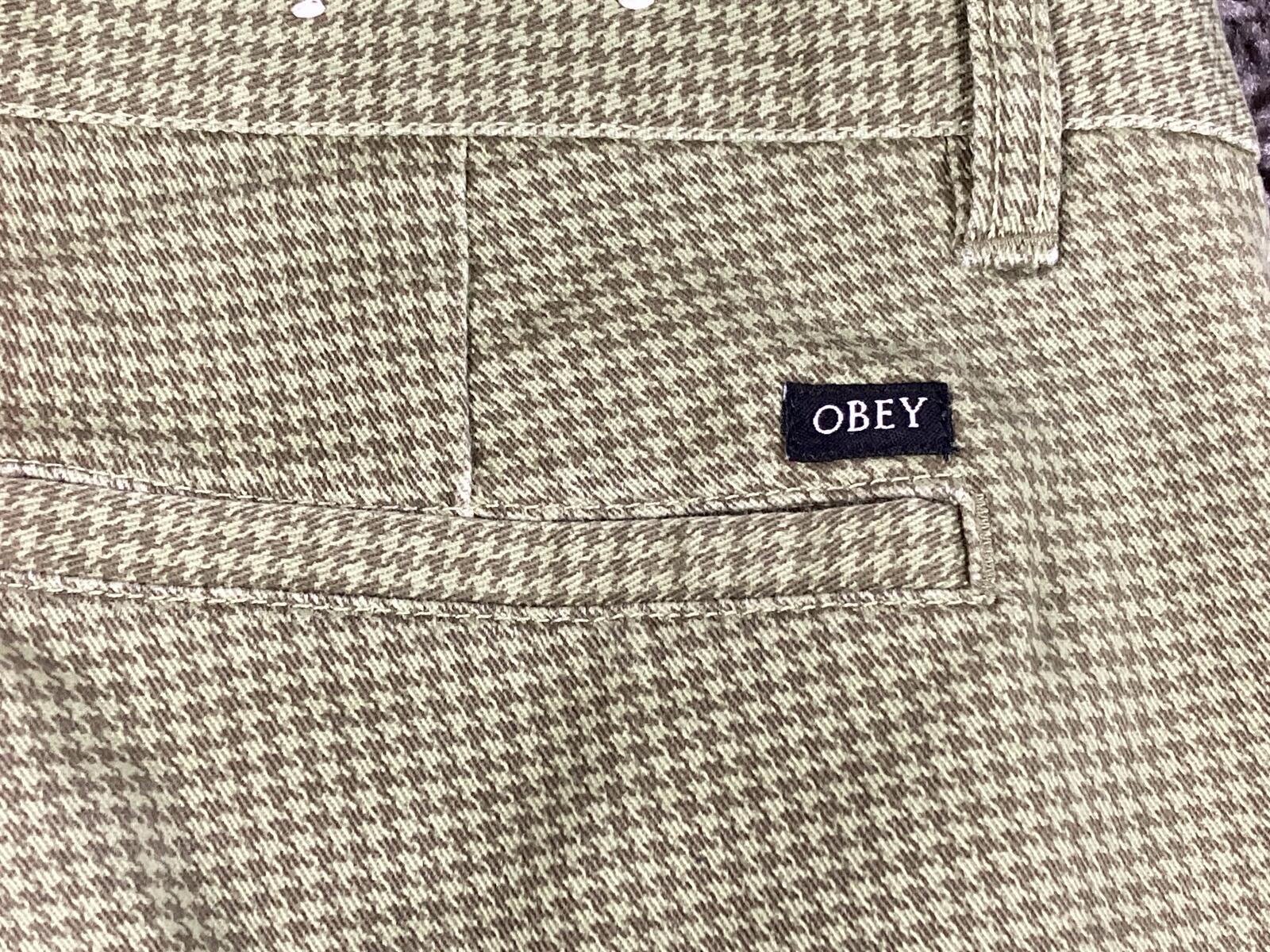 OBEY Straggler Houndstooth Flooded Pants Men Olive Green Stretch Chino Crop 30