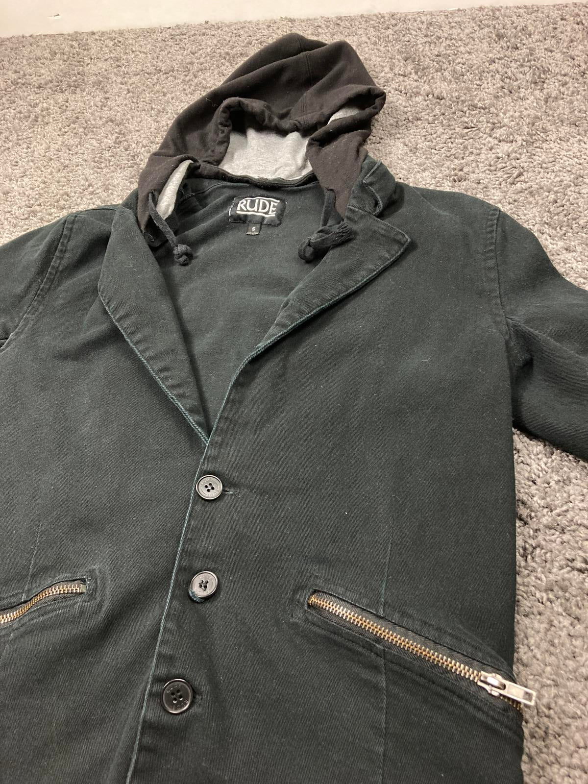 RUDE Hooded Jacket Men Small Gothic Black Cotton Stretch Zip Pockets Streetwear