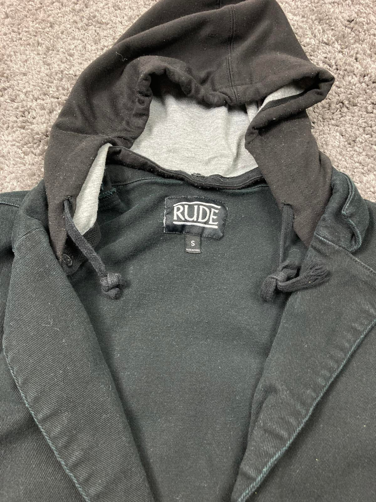 RUDE Hooded Jacket Men Small Gothic Black Cotton Stretch Zip Pockets Streetwear