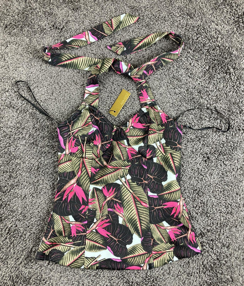 Alexia Admor Tropical Halter Top XS Pink Green Bird of Paradise Cami NWT