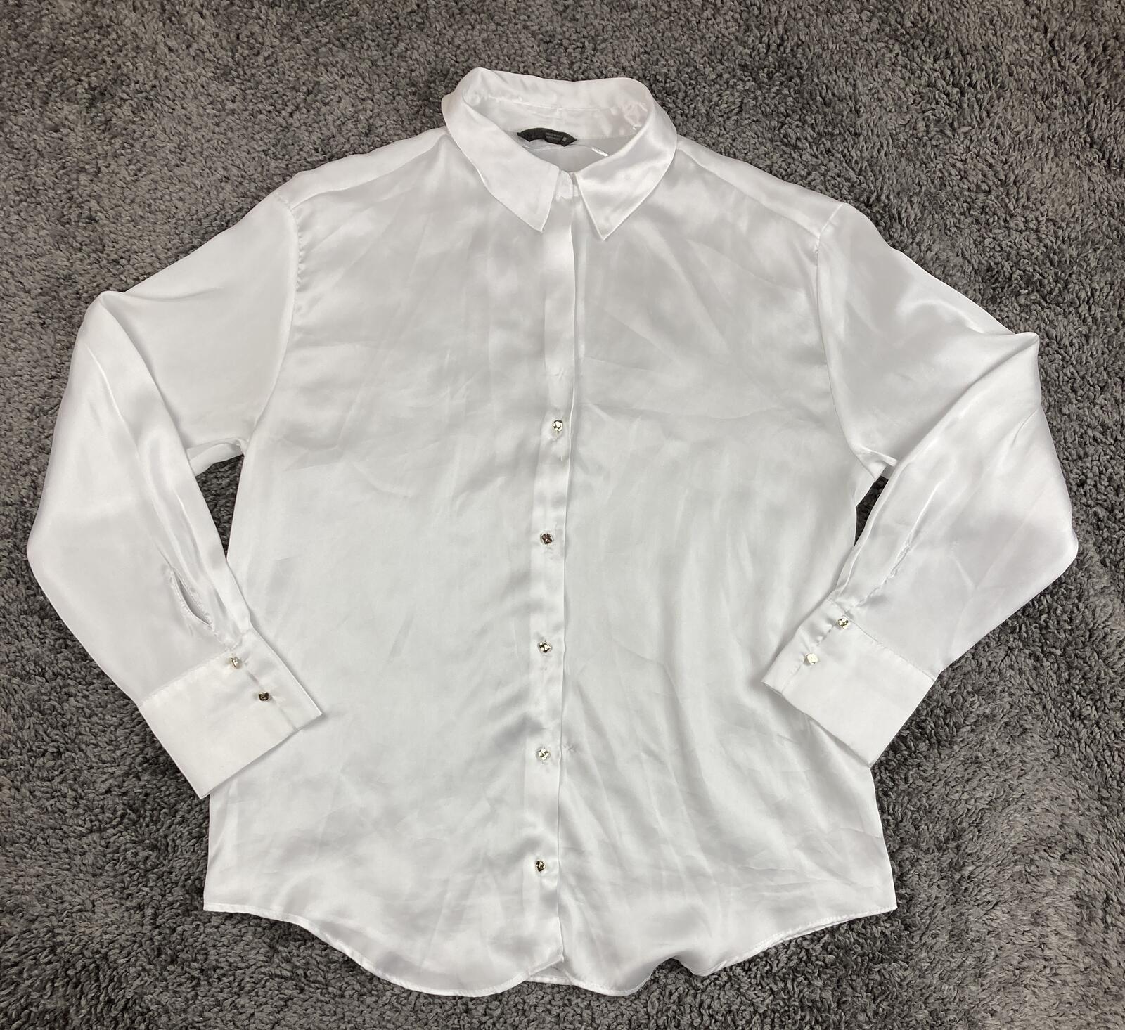 Zara White Satin Effect Blouse Shirt Gold Buttons Long Sleeve Shiny Silk Look M