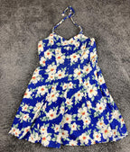 Vintage Royal Creations Hawaii Halter Dress Blue Hibiscus Floral Smocked S/M