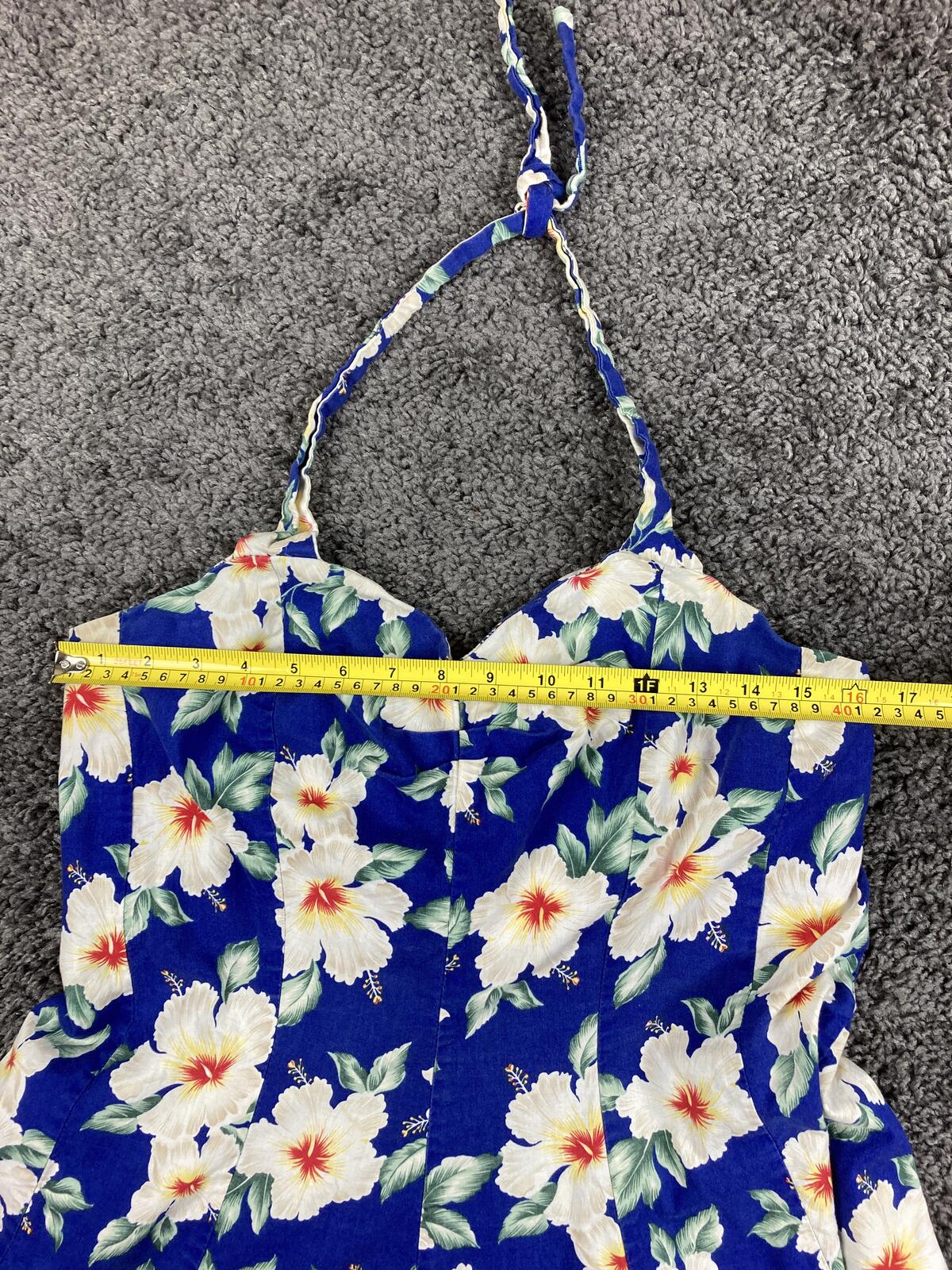 Vintage Royal Creations Hawaii Halter Dress Blue Hibiscus Floral Smocked S/M