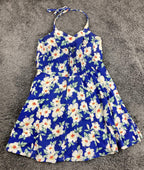 Vintage Royal Creations Hawaii Halter Dress Blue Hibiscus Floral Smocked S/M