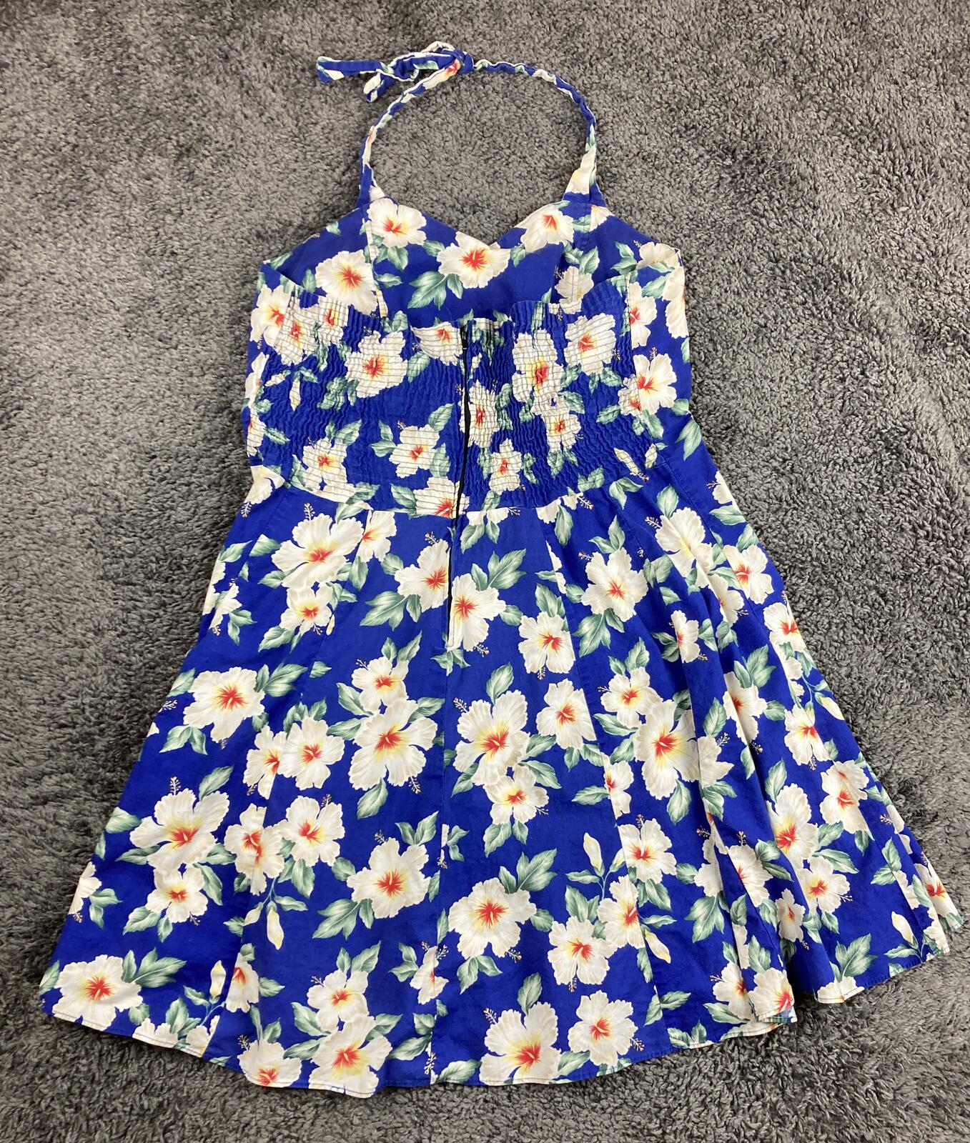 Vintage Royal Creations Hawaii Halter Dress Blue Hibiscus Floral Smocked S/M