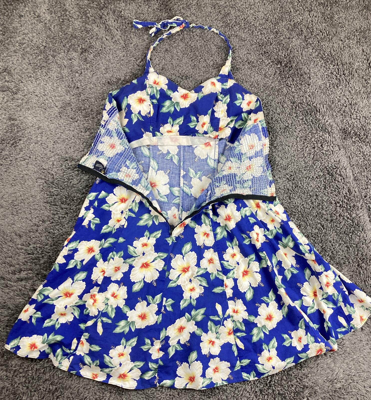 Vintage Royal Creations Hawaii Halter Dress Blue Hibiscus Floral Smocked S/M