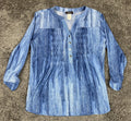 Cocomo Blue Denim Print Tunic Top Snap V-Neck Roll Tab Sleeve Sz M