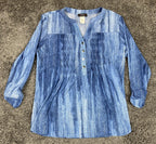 Cocomo Blue Denim Print Tunic Top Snap V-Neck Roll Tab Sleeve Sz M