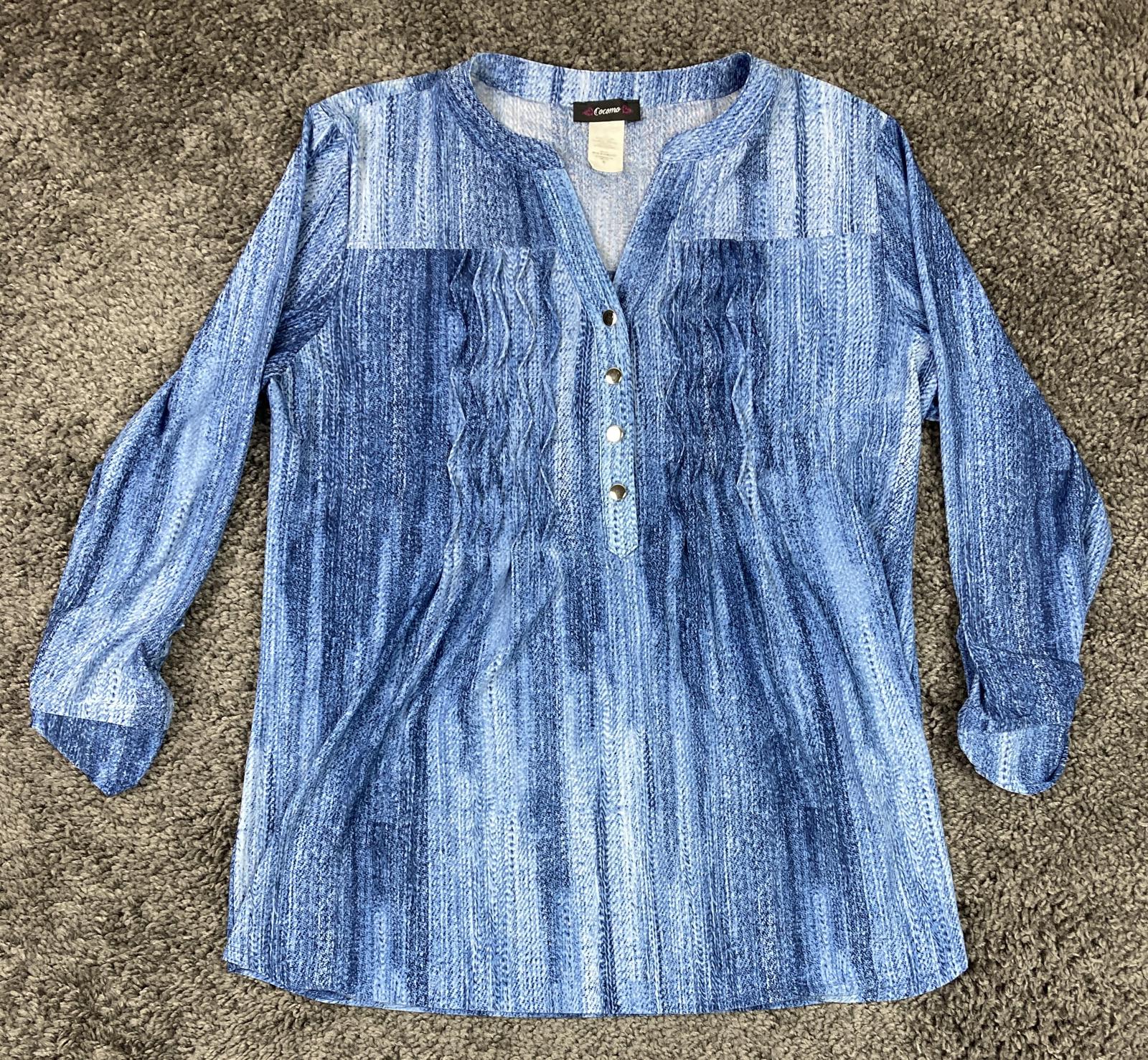 Cocomo Blue Denim Print Tunic Top Snap V-Neck Roll Tab Sleeve Sz M